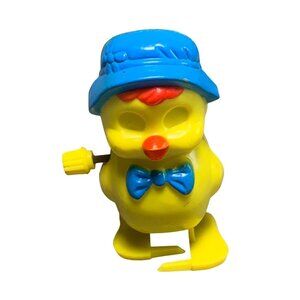Vintage Wind-Up Yellow Chick Toy with Blue Hat & Bow Tie - 3" - Made In Hong Kon